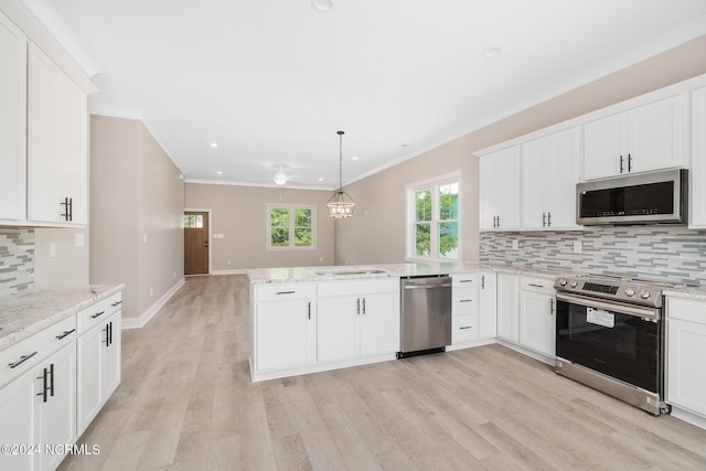 kitchen featuring tasteful backsplash, appliances with stainless steel finishes, light hardwood / wood-style floors, ornamental molding, and kitchen peninsula