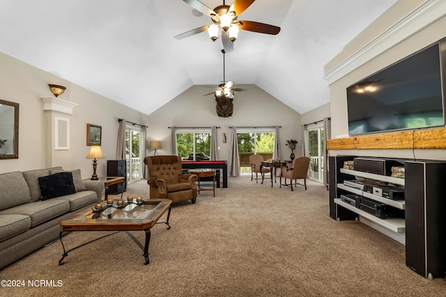 living room with carpet, high vaulted ceiling, and a ceiling fan