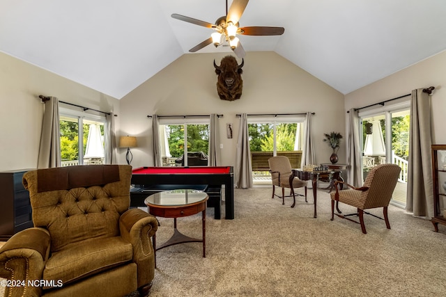 playroom featuring a healthy amount of sunlight, high vaulted ceiling, and carpet floors