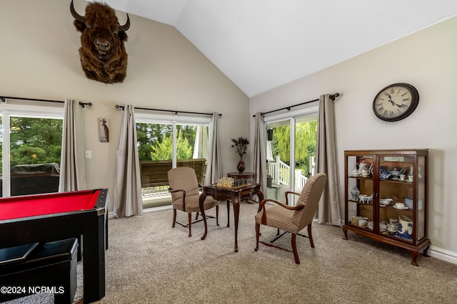 sitting room with carpet floors and high vaulted ceiling