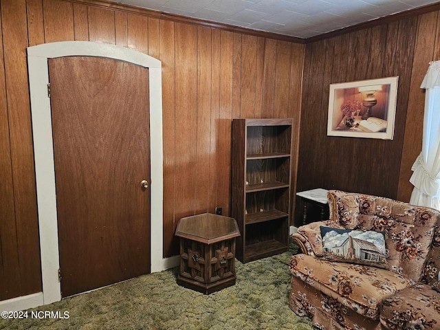 living area featuring carpet flooring and wood walls