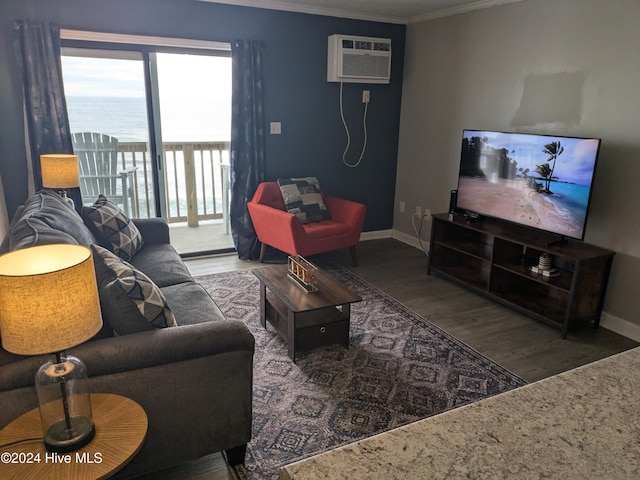 living room with a water view, ornamental molding, a wall mounted air conditioner, and dark hardwood / wood-style floors