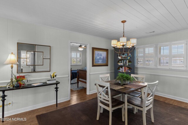 dining space with ceiling fan with notable chandelier, wooden ceiling, and dark wood-type flooring