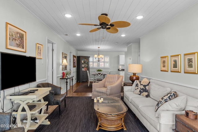 living room featuring ceiling fan with notable chandelier, dark hardwood / wood-style floors, and wooden ceiling