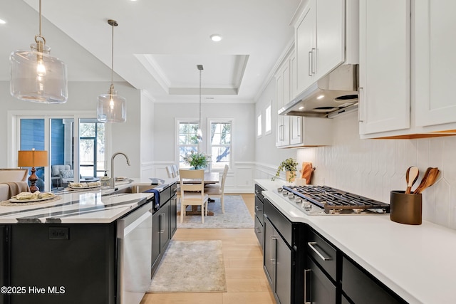 kitchen with white cabinetry, appliances with stainless steel finishes, a tray ceiling, an island with sink, and pendant lighting