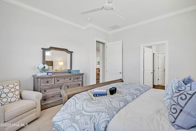 bedroom with crown molding and ceiling fan