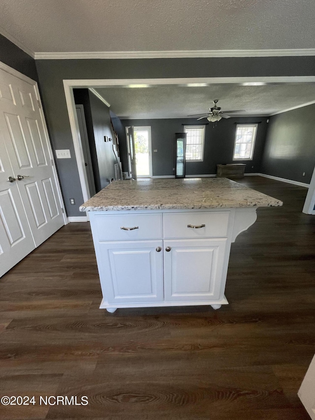 kitchen with dark hardwood / wood-style flooring, white cabinetry, ceiling fan, and light stone counters