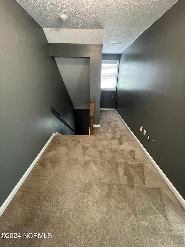 stairway featuring carpet and a textured ceiling