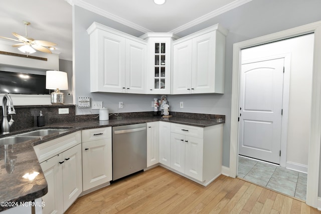 kitchen with white cabinetry, dishwasher, sink, and light wood-type flooring