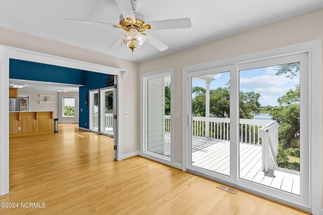 doorway with ceiling fan, light hardwood / wood-style floors, and a healthy amount of sunlight