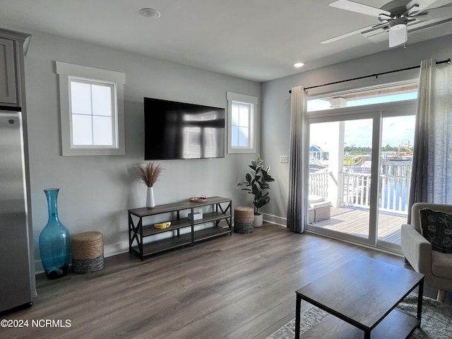 living room with ceiling fan and hardwood / wood-style floors