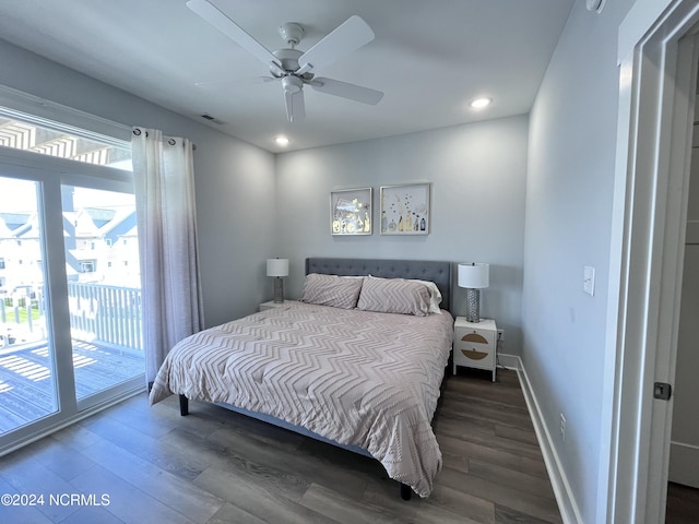 bedroom featuring ceiling fan, access to outside, and dark hardwood / wood-style flooring