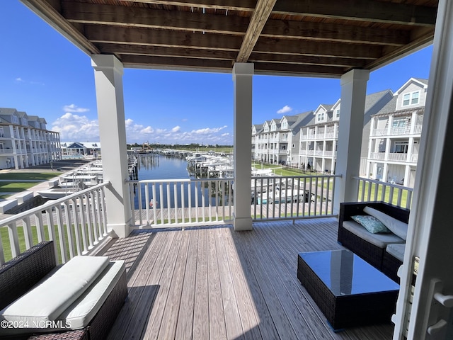 deck with a water view