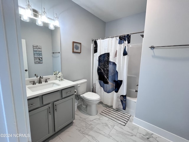 full bathroom with vanity, toilet, and shower / tub combo with curtain