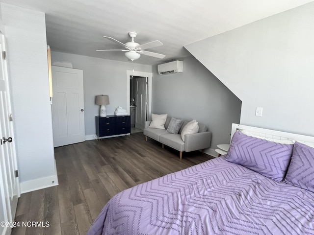 bedroom featuring ceiling fan, dark hardwood / wood-style floors, and a wall mounted AC