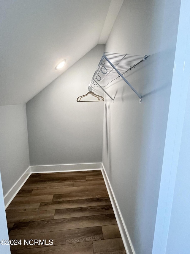 walk in closet featuring vaulted ceiling and dark hardwood / wood-style floors