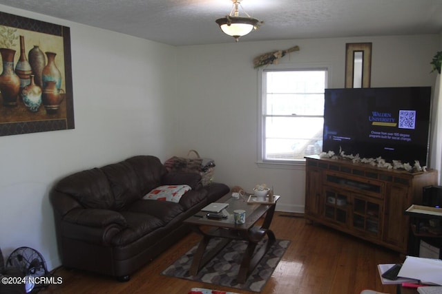 living room with dark wood-type flooring and a textured ceiling