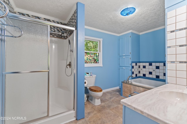 full bathroom with toilet, ornamental molding, shower with separate bathtub, and a textured ceiling