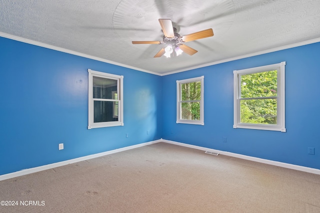 carpeted spare room featuring crown molding, ceiling fan, and a textured ceiling