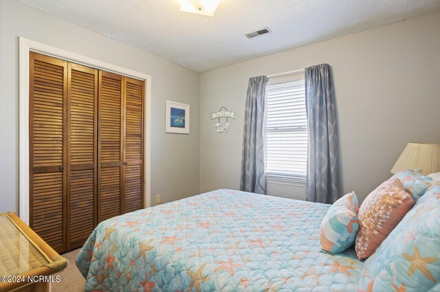 carpeted bedroom featuring multiple windows, a closet, and a textured ceiling