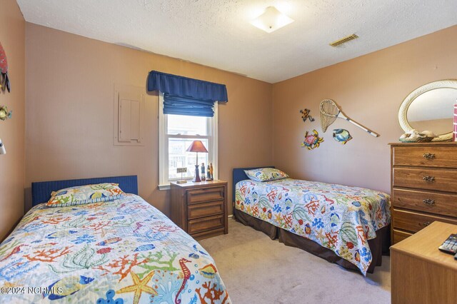 carpeted bedroom with a textured ceiling