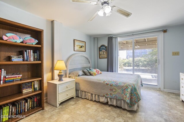 bedroom featuring access to exterior and ceiling fan