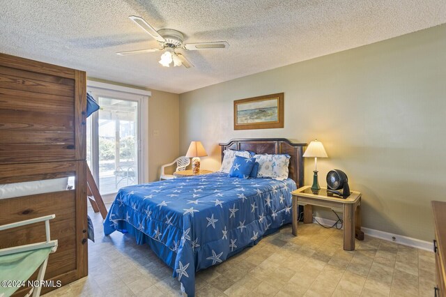 bedroom featuring ceiling fan, a textured ceiling, and access to outside