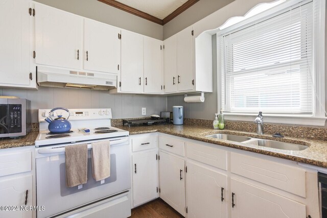 kitchen with white electric range oven, white cabinetry, sink, and range hood