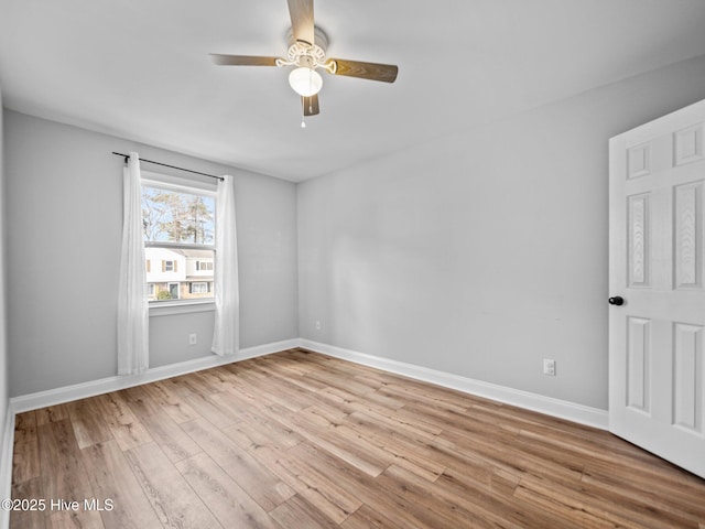 empty room featuring ceiling fan and light hardwood / wood-style flooring