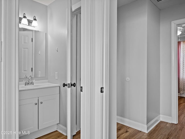 bathroom with hardwood / wood-style flooring and vanity