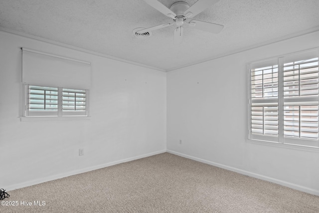 carpeted empty room featuring ceiling fan and a textured ceiling