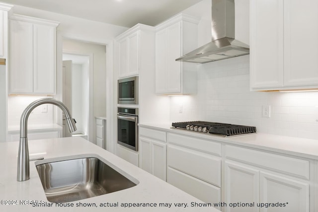 kitchen featuring wall chimney exhaust hood, sink, white cabinetry, tasteful backsplash, and stainless steel appliances