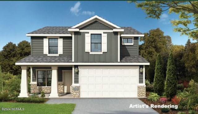 craftsman inspired home featuring an attached garage, stone siding, board and batten siding, and concrete driveway