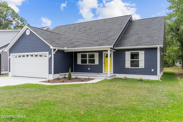 ranch-style home with a garage, roof with shingles, concrete driveway, and a front yard