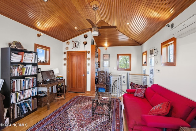 living room featuring wood-type flooring, vaulted ceiling, ceiling fan, and wood ceiling