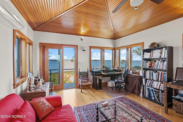 office featuring ceiling fan, high vaulted ceiling, light hardwood / wood-style floors, a water view, and wood ceiling