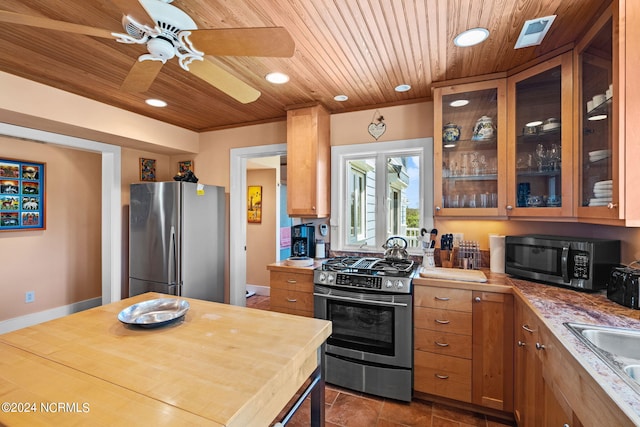 kitchen with wood ceiling, ceiling fan, sink, and stainless steel appliances