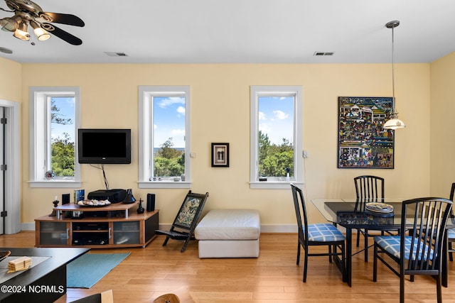 living room with light wood-type flooring, plenty of natural light, and ceiling fan