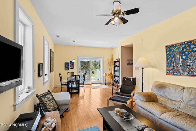 living room with ceiling fan and light hardwood / wood-style floors