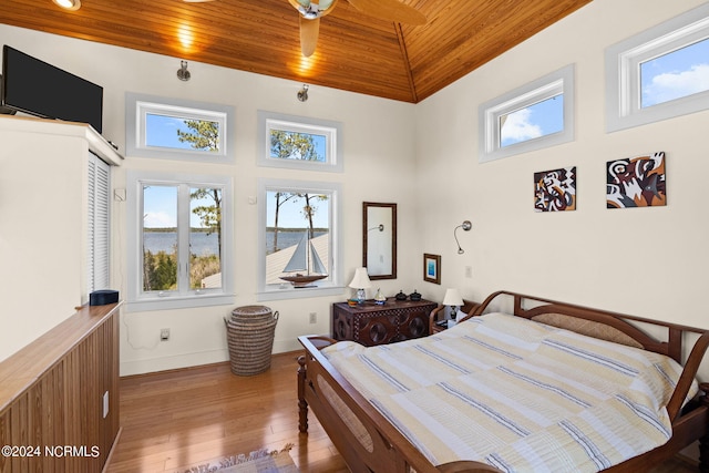 bedroom with hardwood / wood-style floors, high vaulted ceiling, and wood ceiling