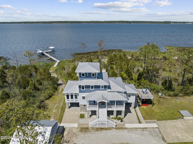 drone / aerial view featuring a water view