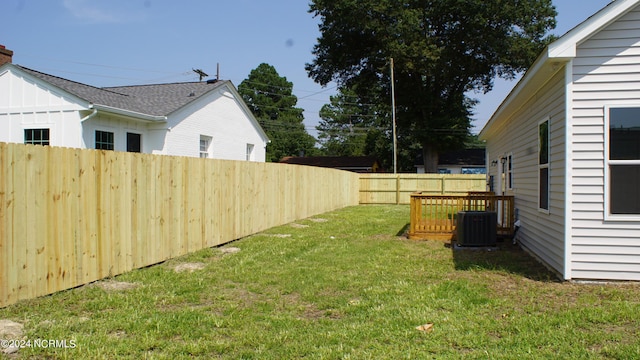 view of yard featuring a fenced backyard and central AC