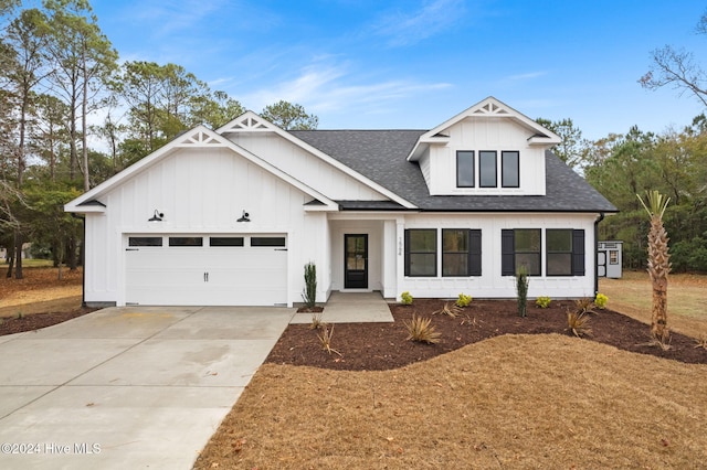 modern inspired farmhouse featuring a garage