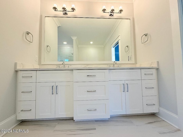 bathroom with vanity, walk in shower, and crown molding