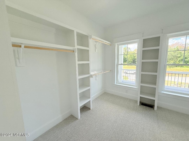 walk in closet with light colored carpet