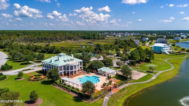 bird's eye view with a water view