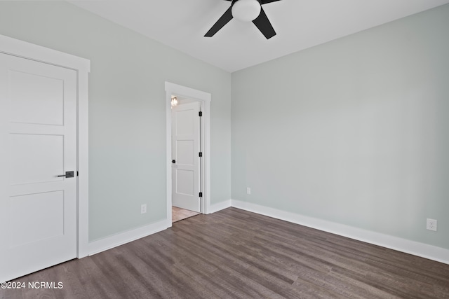 unfurnished bedroom featuring ceiling fan and hardwood / wood-style floors