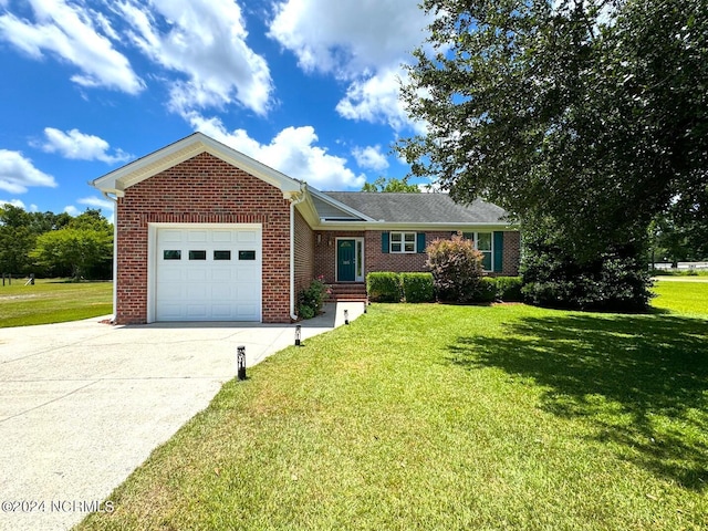 single story home with a front yard and a garage