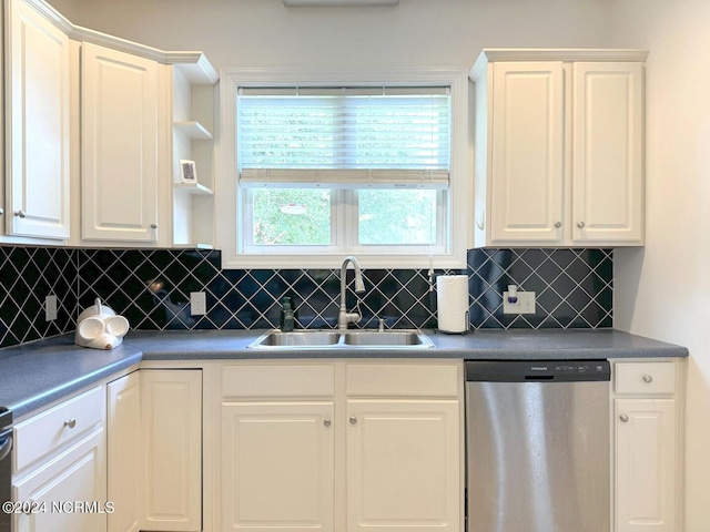 kitchen featuring sink, backsplash, white cabinetry, and dishwasher