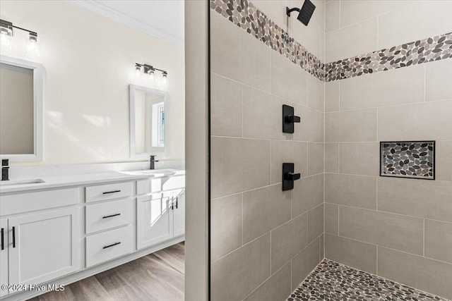 bathroom with ornamental molding, wood finished floors, a sink, and double vanity